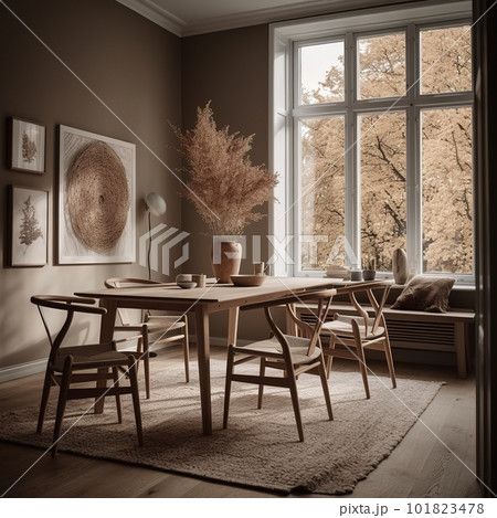 Cozy Modern Dining Room Neutral Beige Scandinavian Interior. Contemporary Realistic Living Room. Ai generated Cozy Modern Dining Room Neutral Beige Scandinavian Interior. Contemporary Realistic Living Room. Ai generated 101823478