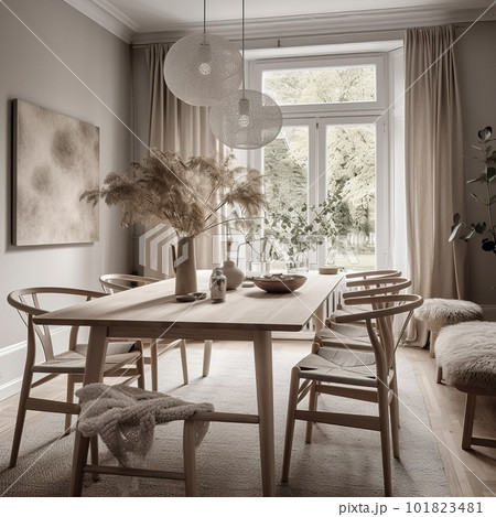 Cozy Modern Dining Room Neutral Beige Scandinavian Interior. Contemporary Realistic Living Room. Ai generated 101823481