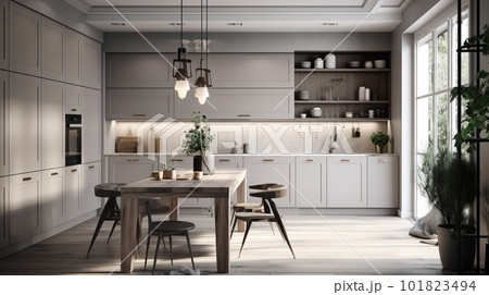 Modern Scandinavian Kitchen Interior. Contemporary Inspirational Living Space. Photorealistic Ai generated 101823494