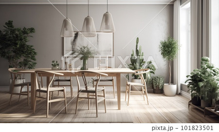 Cozy Modern Dining Room Neutral Beige Scandinavian Interior. Contemporary Realistic Living Room. Ai generated 101823501
