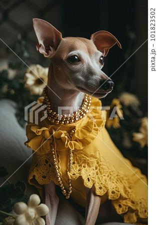 Beautiful Cute Greyhound Dog wearing Elegant Yellow Dress. Ai generated Beautiful Cute Greyhound Dog wearing Elegant Yellow Dress. Ai generated 101823502