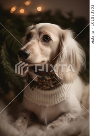 Beautiful Cute Long-haired Golden Dachshund Wearing White Dress. Ai generated Beautiful Cute Long-haired Golden Dachshund Wearing White Dress. Ai generated 101823503