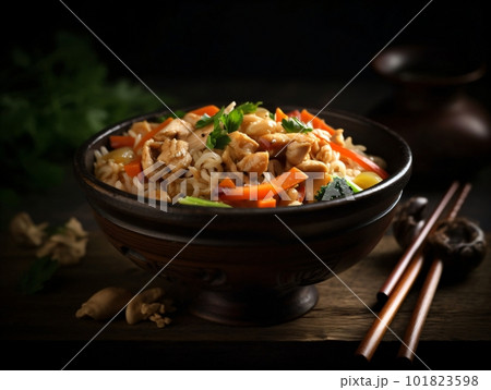 Bowl of Oriental Food, Asian Wok with Noodles, Shrimps, Chicken, Rice. Ai generative Bowl of Oriental Food, Asian Wok with Noodles, Shrimps, Chicken, Rice. Ai generative 101823598