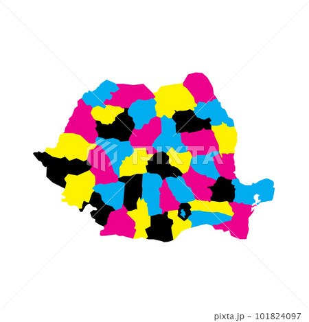 Romania political map of administrative divisions - counties and autonomous municipality of Bucharest. Blank vector map in CMYK colors. 101824097