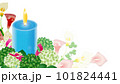 ろうそくとカラーの花と紫陽花とリボンの横長背景フレーム素材 101824441