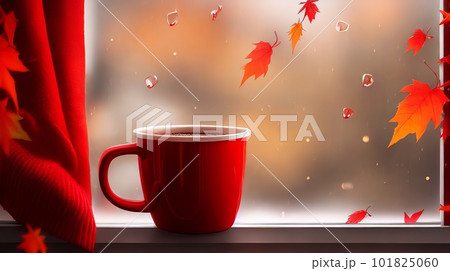 A cup of coffee sitting on a window sill, and red maple leaves falling in the air. Generative AI. 101825060