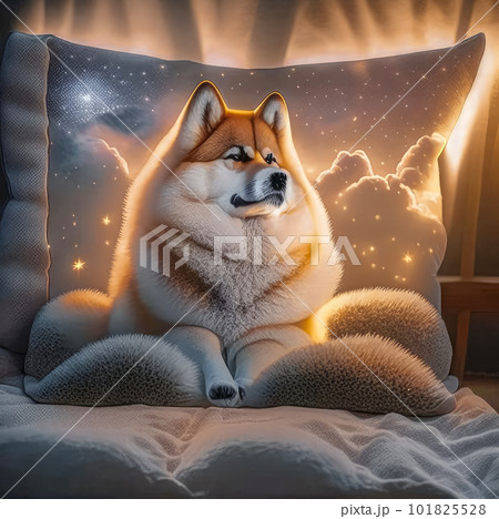 A beautiful cheerful Shiba Inu dog is depicted on a decorative pillow. Generative AI A beautiful cheerful Shiba Inu dog is depicted on a decorative pillow. Generative AI 101825528