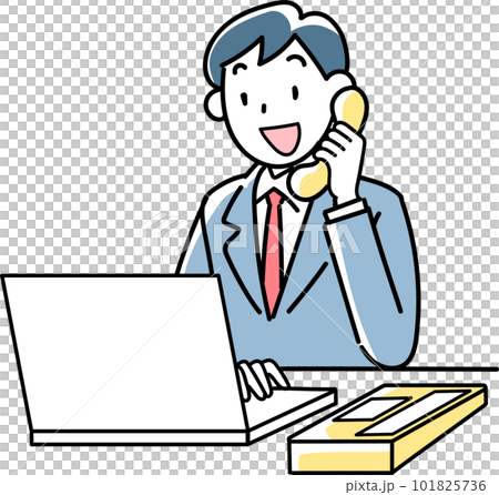 商人一邊看著電腦一邊微笑著接電話 101825736