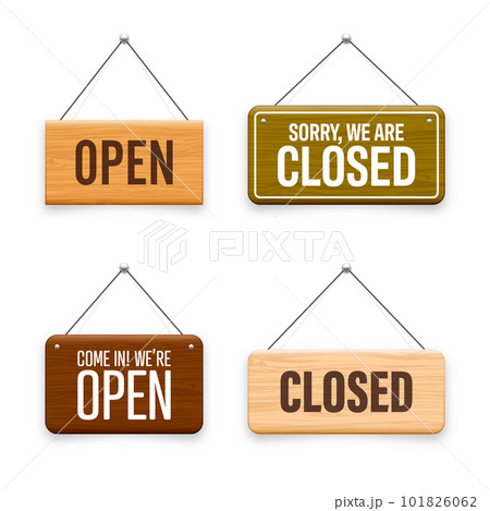 Wooden open or closed hanging signboards. Made of wood door sign for cafe, restaurant, bar or retail store. Announcement banner, information signage for business or service. Vector illustration Wooden open or closed hanging signboards. Made of wood door sign for cafe, restaurant, bar or retail store. Announcement banner, information signage for business or service. Vector illustration 101826062