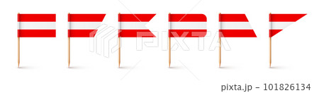 Realistic various Austrian toothpick flags. Souvenir from Austria. Wooden toothpicks with paper flag. Location mark, map pointer. Blank mockup for advertising and promotions. Vector illustration 101826134