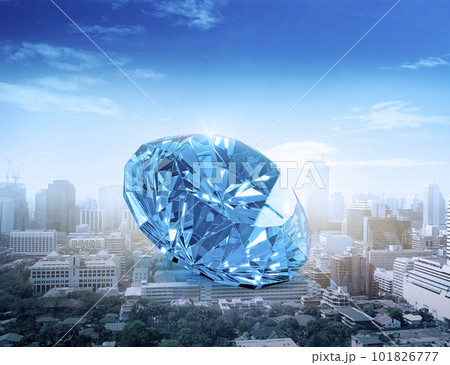 Blue cut diamonds on the big city landscape. Diamond trading business concept Blue cut diamonds on the big city landscape. Diamond trading business concept 101826777