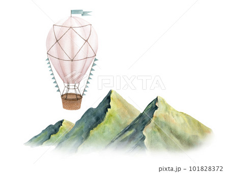 Watercolor illustration of picturesque green mountains and vintage hot air balloon or aerostat isolated 101828372
