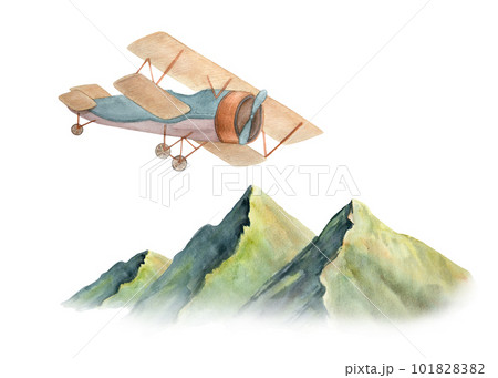 Watercolor illustration of picturesque green mountains and vintage plane isolated Watercolor illustration of picturesque green mountains and vintage plane isolated 101828382