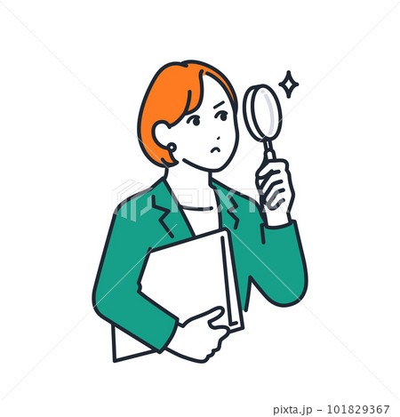 虫メガネを覗く若いビジネスウーマンのシンプルなベクターイラスト素材 101829367