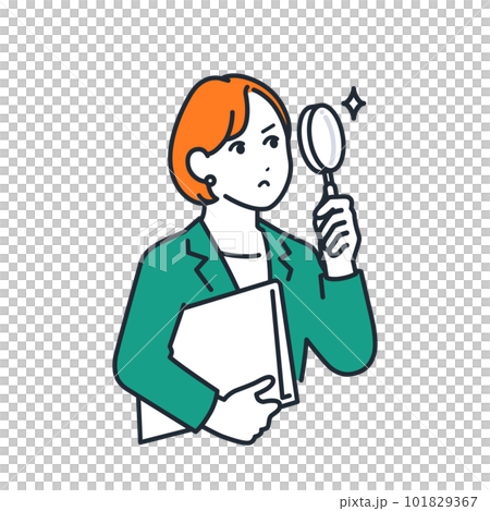 虫メガネを覗く若いビジネスウーマンのシンプルなベクターイラスト素材 101829367