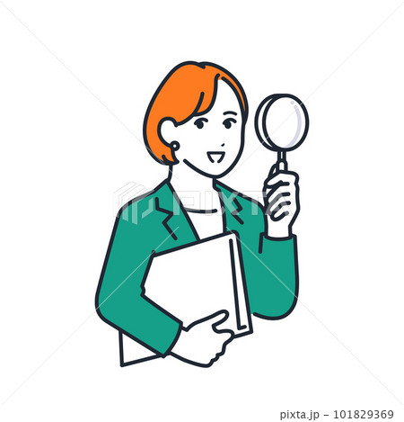 笑顔で虫めがねとファイルを持つスーツを着た若い女性のシンプルなベクターイラスト素材 101829369