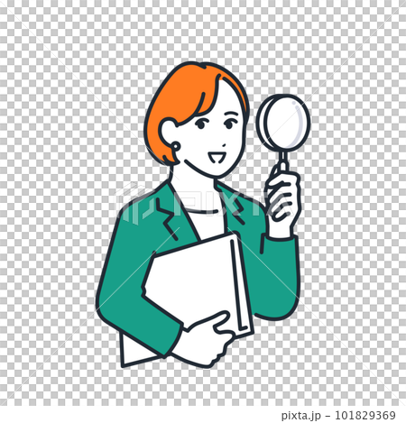 笑顔で虫めがねとファイルを持つスーツを着た若い女性のシンプルなベクターイラスト素材 101829369