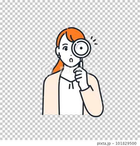 Simple vector illustration material of a young woman in a suit looking through a magnifying glass and analyzing 101829500