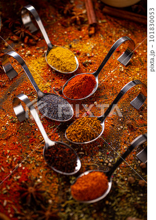Various spices in spoons Various spices in spoons 101830053