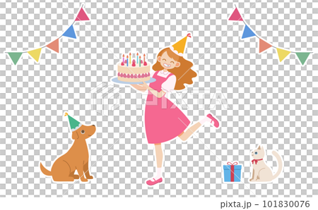 A girl having a birthday party with a dog and a cat A girl having a birthday party with a dog and a cat 101830076