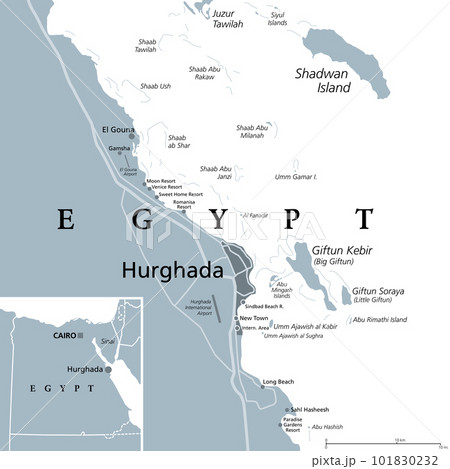 Hurghada and vicinity, Egypt, gray political map. City area in the Red Sea Governorate of Egypt, and one of the main tourist centres of the country, located on the Red Sea coast with numerous resorts. 101830232
