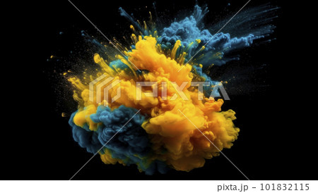 Explosion of powder yellow and blue on a black background 101832115