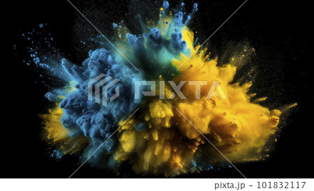 Explosion of powder yellow and blue on a black background 101832117