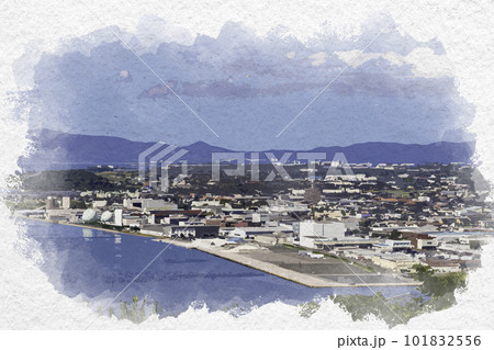 水彩画風　米子市街地　西部方面　鳥取県米子市 101832556