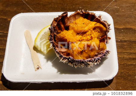 Fresh sea urchin with lemon on wooden table Fresh sea urchin with lemon on wooden table 101832896