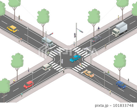 アイソメトリック図法で描いた日本の信号交差点イメージ[A]（無地）+歩行者 101833748