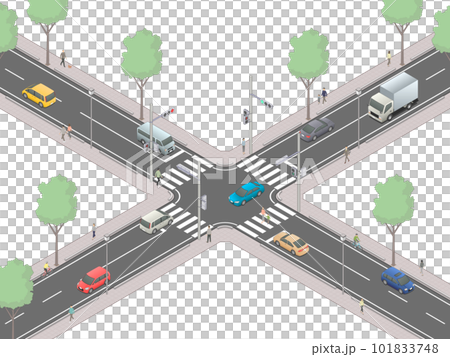 アイソメトリック図法で描いた信号交差点のイメージ[A]（無地）+歩行者 101833748