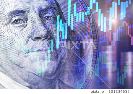 Portrait of Franklin from a hundred dollar bill with Candlestick charts as a concept of Stock trading or Stock background 101834655
