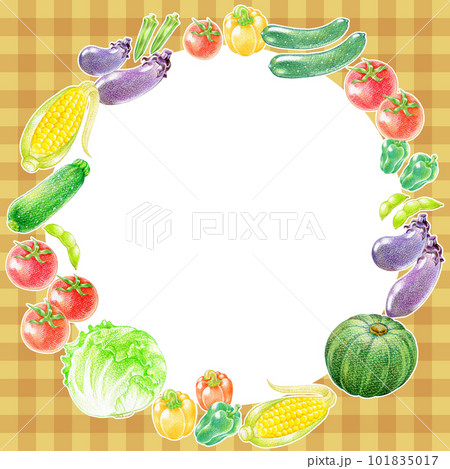 茶色チェック柄背景の夏野菜の円形フレーム素材 101835017