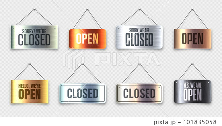Brushed metal Open and Closed hanging signboards. Vintage door sign for cafe, restaurant, bar or retail store. Announcement banner, information signage for business or service. Vector illustration 101835058