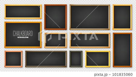 Realistic various chalkboards in a wooden frame. Black restaurant menu board. School blackboard, writing surface for text or drawing. Blank advertising or presentation boards. Vector illustration Realistic various chalkboards in a wooden frame. Black restaurant menu board. School blackboard, writing surface for text or drawing. Blank advertising or presentation boards. Vector illustration 101835060