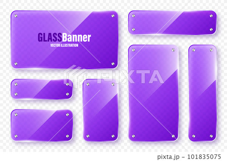 Realistic glass frames collection. Violet transparent glass banners with flares and highlights. Glossy acrylic plate, element with light reflection and place for text. Vector illustration 101835075
