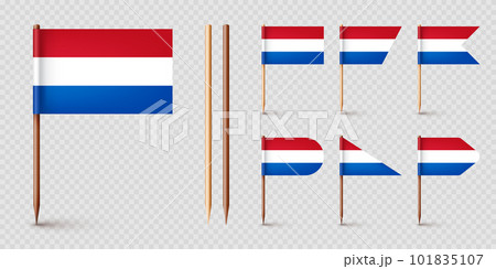 Realistic various Dutch toothpick flags. Souvenir from Netherlands. Wooden toothpicks with paper flag. Location mark, map pointer. Blank mockup for advertising and promotions. Vector illustration Realistic various Dutch toothpick flags. Souvenir from Netherlands. Wooden toothpicks with paper flag. Location mark, map pointer. Blank mockup for advertising and promotions. Vector illustration 101835107
