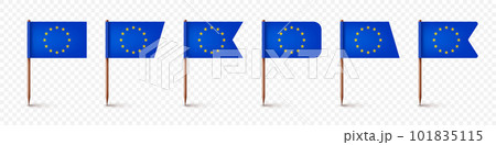 Realistic various European toothpick flags. Souvenir from Europe. Wooden toothpicks with paper flag. Location mark, map pointer. Blank mockup for advertising and promotions. Vector illustration 101835115