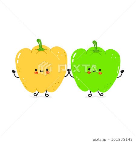 Yellow bell pepper and green bell pepper card. Vector hand drawn doodle style cartoon character illustration icon design. Happy Yellow bell pepper and green bell pepper friends concept card Yellow bell pepper and green bell pepper card. Vector hand drawn doodle style cartoon character illustration icon design. Happy Yellow bell pepper and green bell pepper friends concept card 101835145