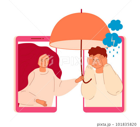 Online psychology help. Panic attack of man concept vector. Doctor of psychiatry taking umbrella and protect from rain. 101835820