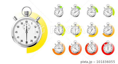 Realistic classic stopwatch. Shiny metal chronometer, time counter with dial. Colorful countdown timer showing minutes and seconds. Time measurement for sport, start and finish. Vector illustration Realistic classic stopwatch. Shiny metal chronometer, time counter with dial. Colorful countdown timer showing minutes and seconds. Time measurement for sport, start and finish. Vector illustration 101836055