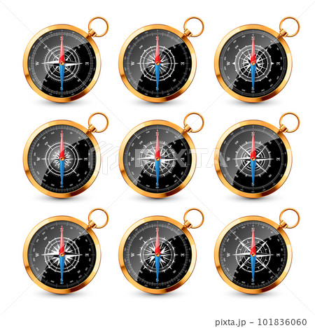 Vintage compass, marine wind rose with cardinal directions of North, East, South, West. Realistic golden navigational compass, shiny metal. Cartography and navigation. Vector illustration Vintage compass, marine wind rose with cardinal directions of North, East, South, West. Realistic golden navigational compass, shiny metal. Cartography and navigation. Vector illustration 101836060