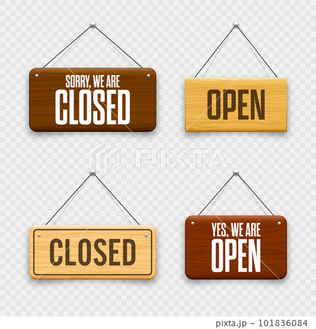 Wooden open or closed hanging signboards. Made of wood door sign for cafe, restaurant, bar or retail store. Announcement banner, information signage for business or service. Vector illustration Wooden open or closed hanging signboards. Made of wood door sign for cafe, restaurant, bar or retail store. Announcement banner, information signage for business or service. Vector illustration 101836084
