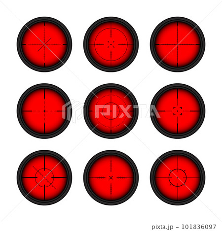 Various weapon thermal infrared sights, sniper rifle optical scopes. Hunting gun viewfinder with crosshair. Aim, shooting mark symbol. Military target sign. Game UI element. Vector illustration Various weapon thermal infrared sights, sniper rifle optical scopes. Hunting gun viewfinder with crosshair. Aim, shooting mark symbol. Military target sign. Game UI element. Vector illustration 101836097