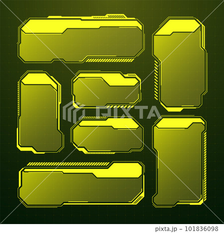 Yellow futuristic HUD, UI elements. Sci-fi user interface text boxes, callouts. Warning message frames, information boxes template. Modern game interface layout in digital style. Vector illustration Yellow futuristic HUD, UI elements. Sci-fi user interface text boxes, callouts. Warning message frames, information boxes template. Modern game interface layout in digital style. Vector illustration 101836098