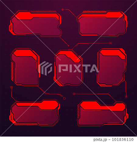 Red futuristic HUD or UI elements. Sci-fi user interface text boxes, callouts. Warning message frames, information boxes template. Modern game interface layout in digital style. Vector illustration Red futuristic HUD or UI elements. Sci-fi user interface text boxes, callouts. Warning message frames, information boxes template. Modern game interface layout in digital style. Vector illustration 101836110