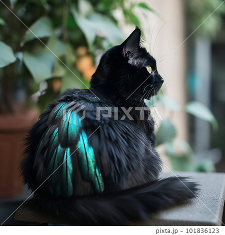 Black cat with peacock feathers, fantastic unusual creature, close-up 101836123