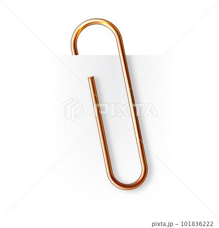 Realistic copper paperclip attached to paper isolated on white background. Shiny metal paper clip, page holder, binder. Workplace office supplies. Vector illustration Realistic copper paperclip attached to paper isolated on white background. Shiny metal paper clip, page holder, binder. Workplace office supplies. Vector illustration 101836222