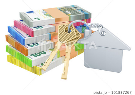 Home key with keychain and euro packs, 3D rendering Home key with keychain and euro packs, 3D rendering 101837267