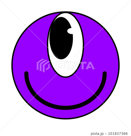 Cartoon Groovy funny purple cartoon smile character, vintage. Funky comic bright emoticon stickers 101837366